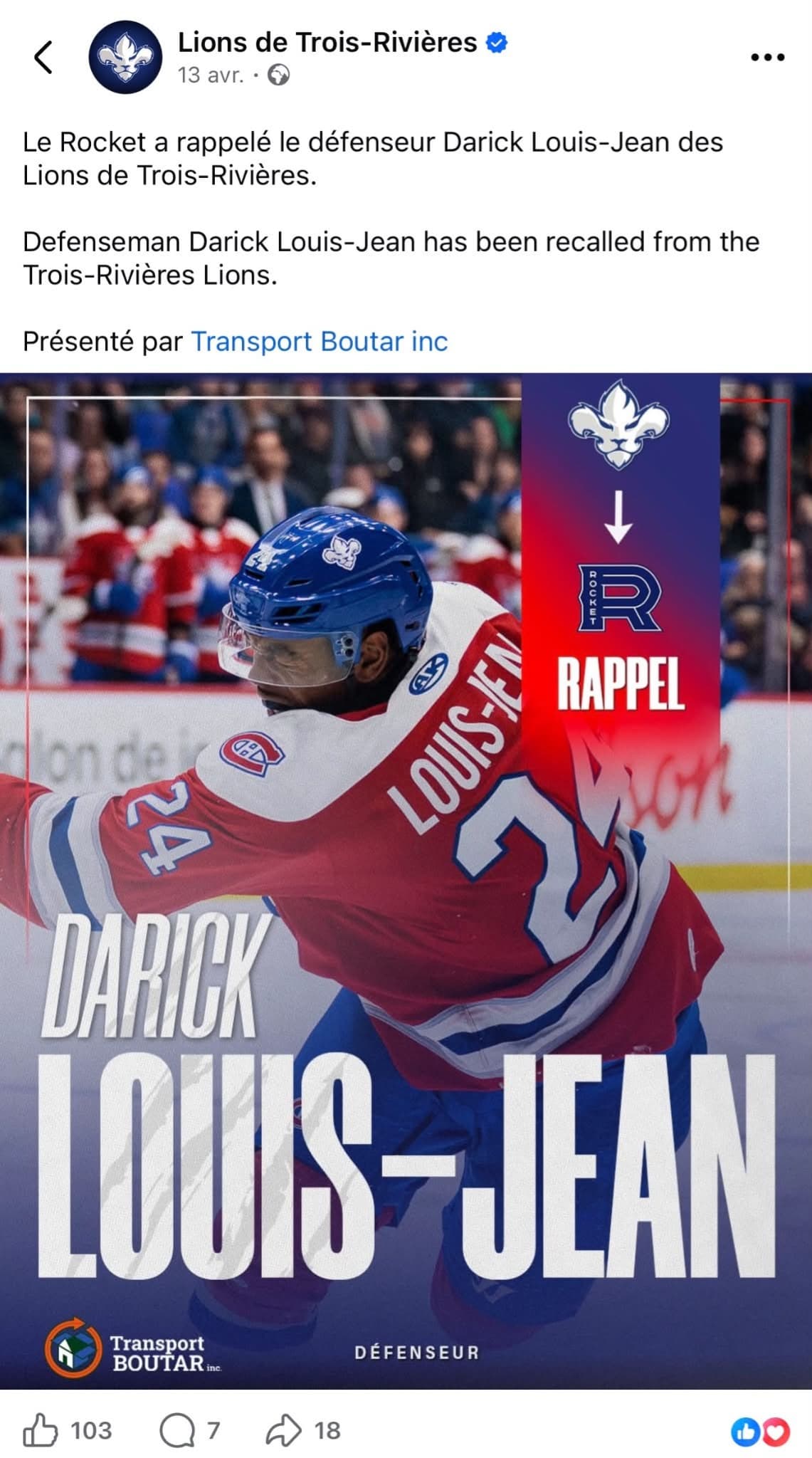 Publication des Lions de Trois-Rivières annonçant le rappel de Darick Louis-Jean par le Rocket de Laval