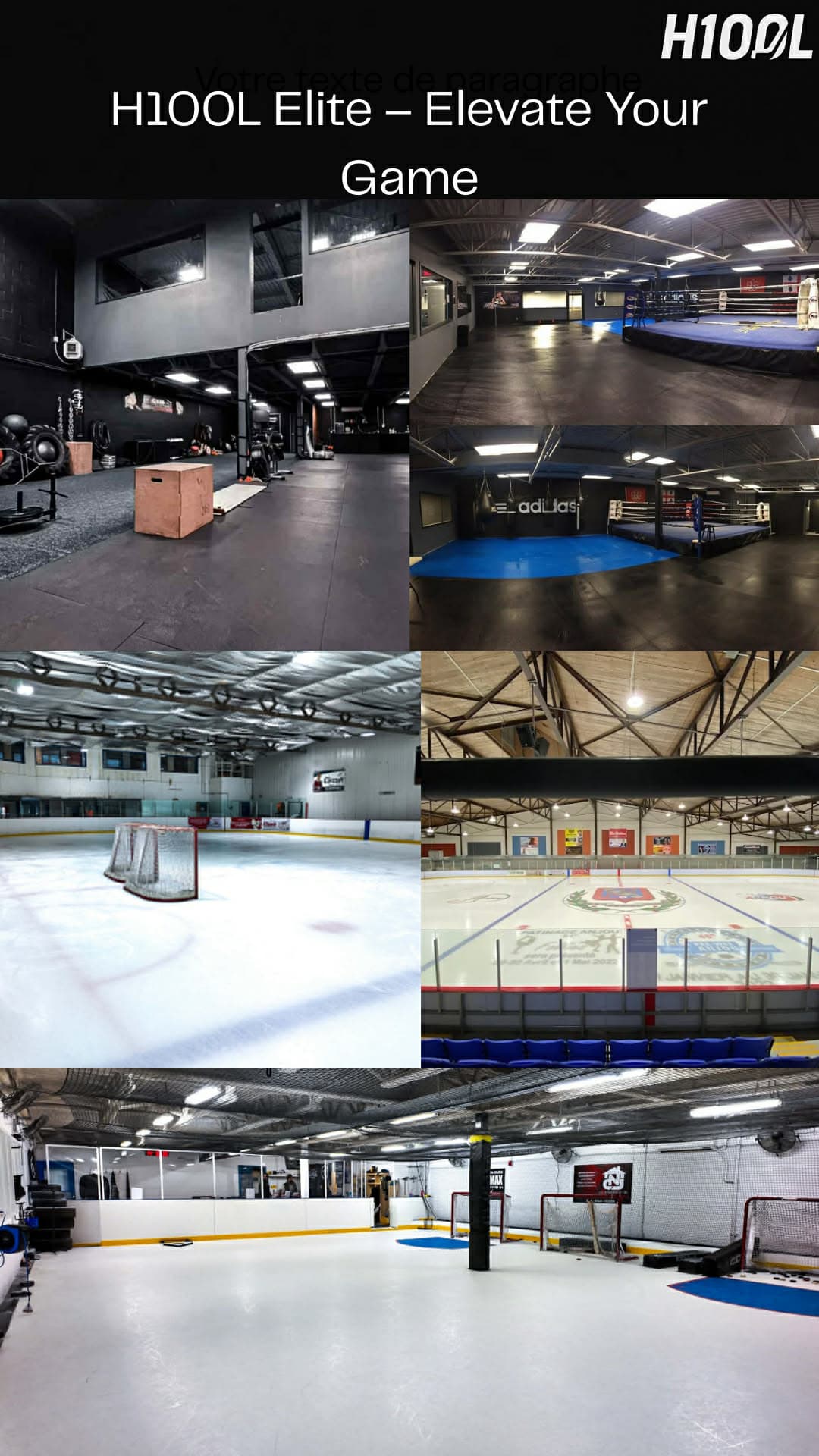 Montage des installations H100L Elite : salle de préparation physique, espaces de boxe, surfaces de glace et SniperZone sur glace synthétique